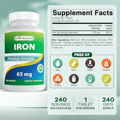 Best Naturals Eisenpräparat – 65 mg – 240 Tabletten – Non-GMO & Glutenfrei