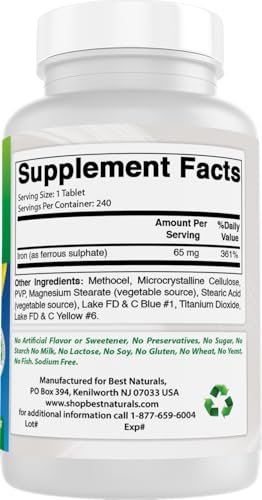 Best Naturals Eisenpräparat – 65 mg – 240 Tabletten – Non-GMO & Glutenfrei