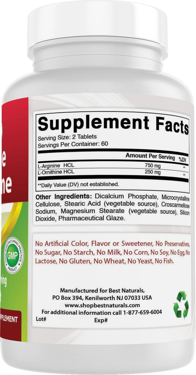 Best Naturals L-Arginin L-Ornithin - 1000 mg pro Portion - 120 Tabletten - Non-GMO & Glutenfrei