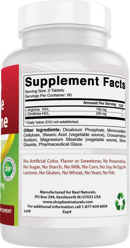 Best Naturals L-Arginin L-Ornithin - 1000 mg pro Portion - 120 Tabletten - Non-GMO & Glutenfrei