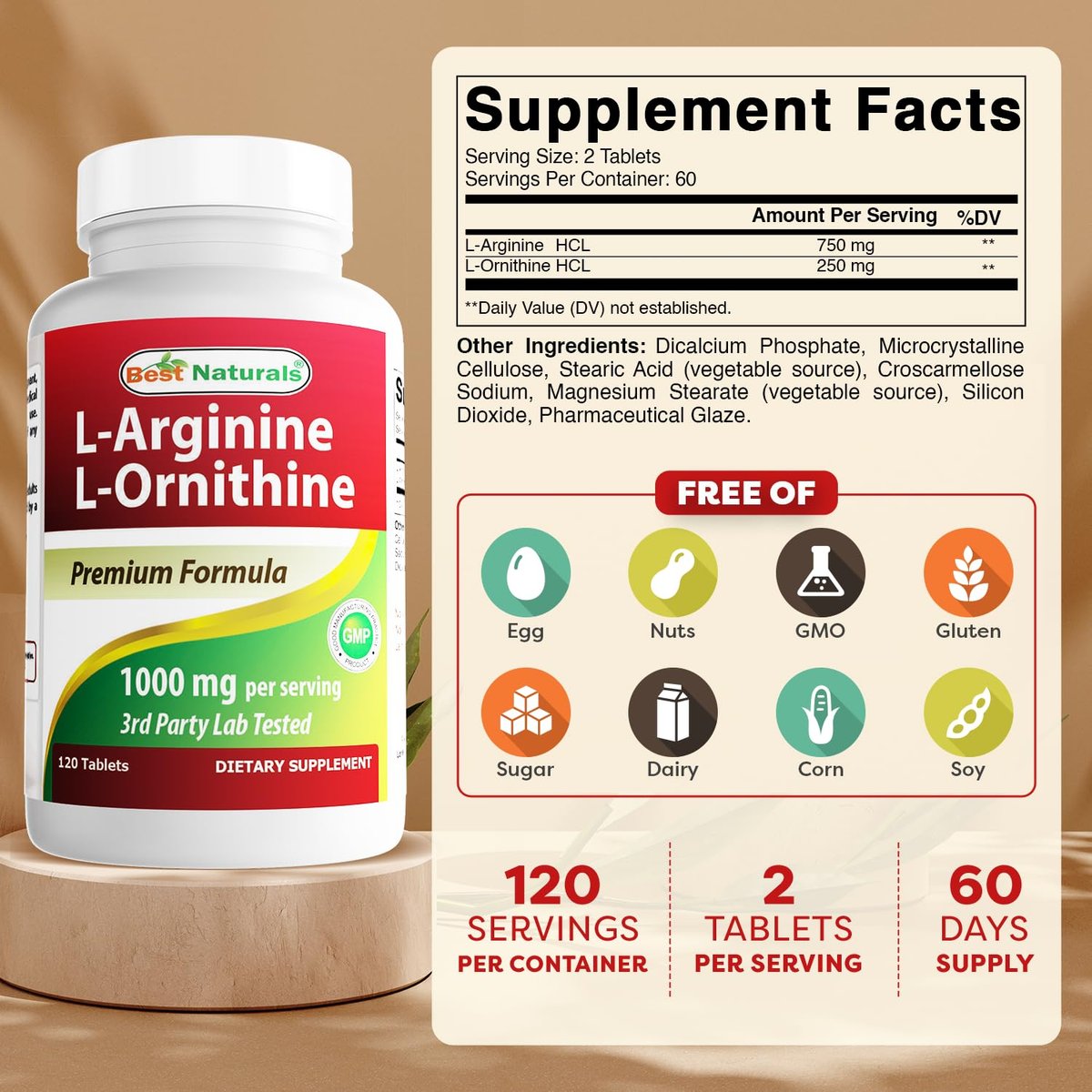 Best Naturals L-Arginin L-Ornithin - 1000 mg pro Portion - 120 Tabletten - Non-GMO & Glutenfrei