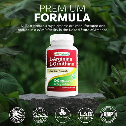 Best Naturals L-Arginin L-Ornithin - 1000 mg pro Portion - 120 Tabletten - Non-GMO & Glutenfrei