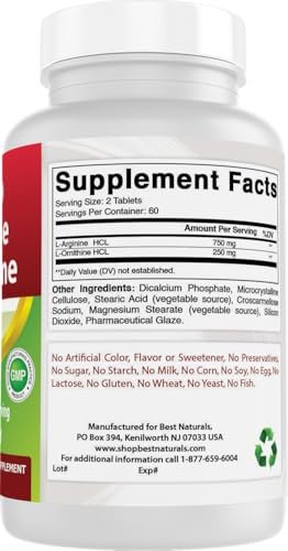 Best Naturals L-Arginin L-Ornithin - 1000 mg pro Portion - 120 Tabletten - Non-GMO & Glutenfrei