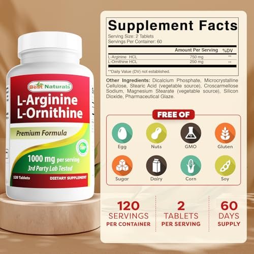 Best Naturals L-Arginin L-Ornithin - 1000 mg pro Portion - 120 Tabletten - Non-GMO & Glutenfrei