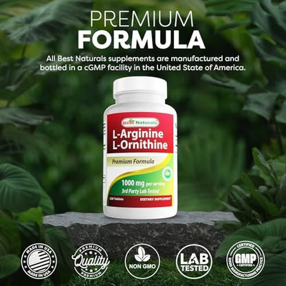 Best Naturals L-Arginin L-Ornithin - 1000 mg pro Portion - 120 Tabletten - Non-GMO & Glutenfrei