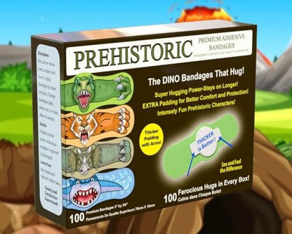 Prähistorische Dino-Pflaster – Die erstaunlichen Erste-Hilfe-Dinosaurier, die umarmen! T-Rex, Triceratops, Säbelzahntiger und prähistorischer Hai – lustige selbstklebende Cartoon-Pflaster. 100er-Box