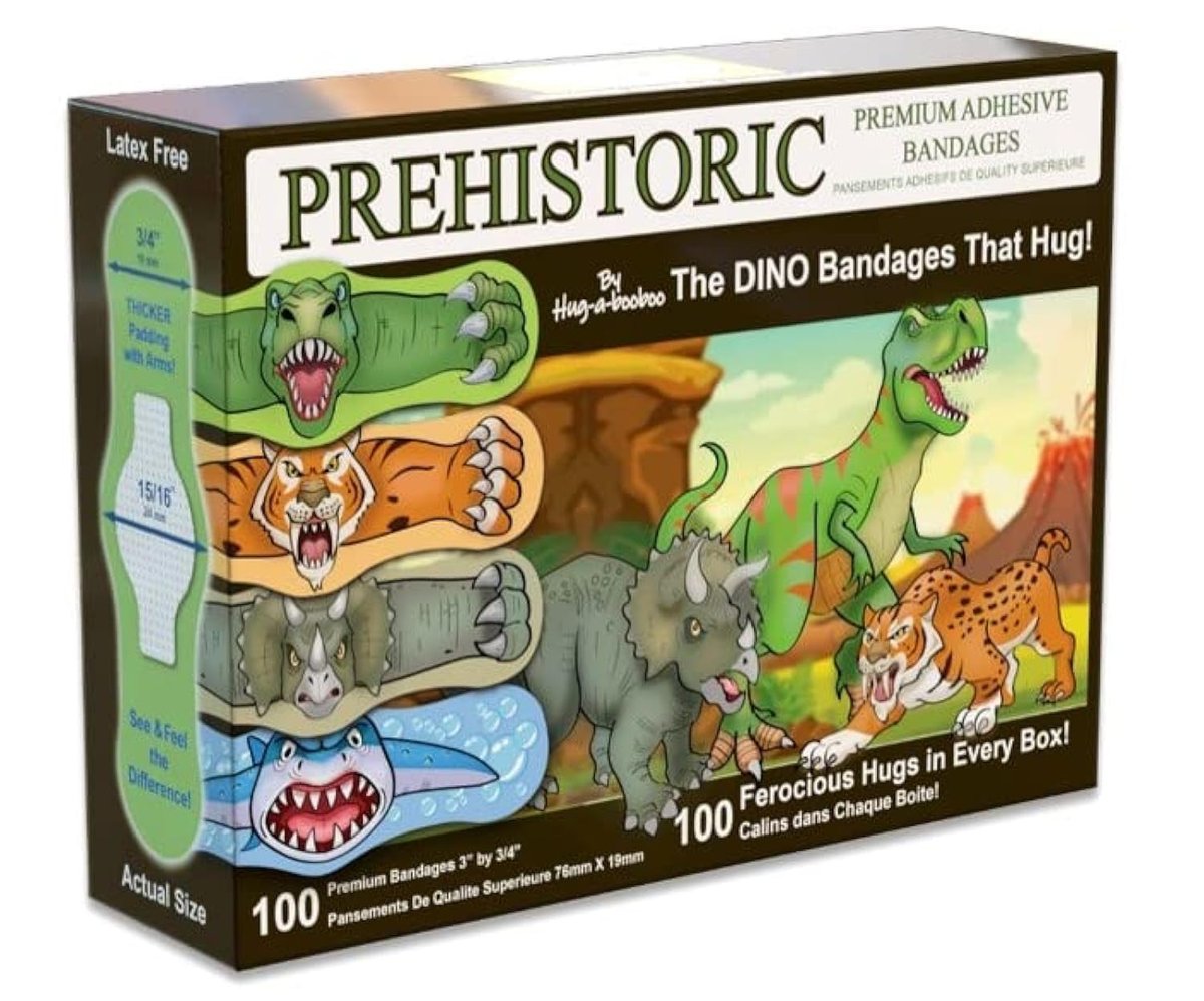Prähistorische Dino-Pflaster – Die erstaunlichen Erste-Hilfe-Dinosaurier, die umarmen! T-Rex, Triceratops, Säbelzahntiger und prähistorischer Hai – lustige selbstklebende Cartoon-Pflaster. 100er-Box