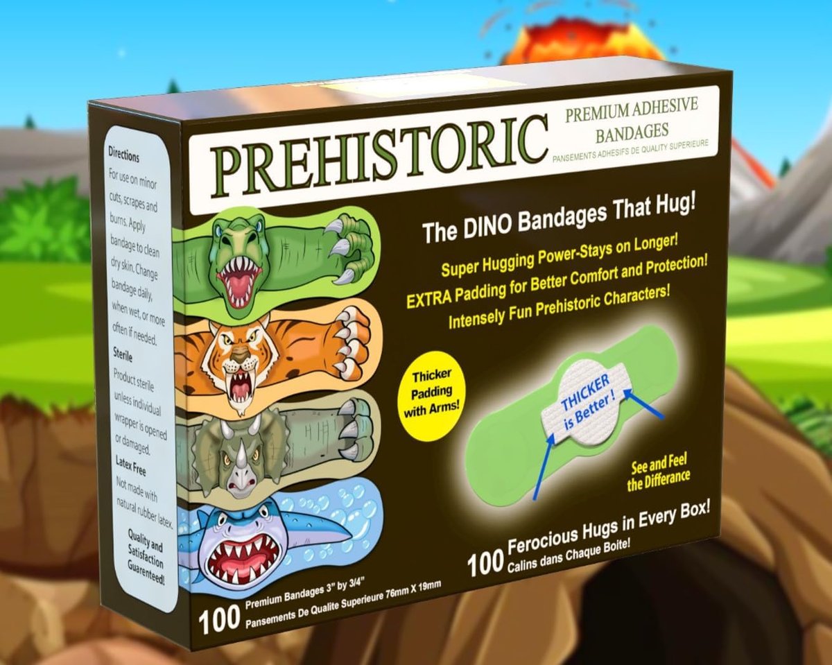 Prähistorische Dino-Pflaster – Die erstaunlichen Erste-Hilfe-Dinosaurier, die umarmen! T-Rex, Triceratops, Säbelzahntiger und prähistorischer Hai – lustige selbstklebende Cartoon-Pflaster. 100er-Box