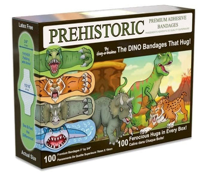 Prähistorische Dino-Pflaster – Die erstaunlichen Erste-Hilfe-Dinosaurier, die umarmen! T-Rex, Triceratops, Säbelzahntiger und prähistorischer Hai – lustige selbstklebende Cartoon-Pflaster. 100er-Box