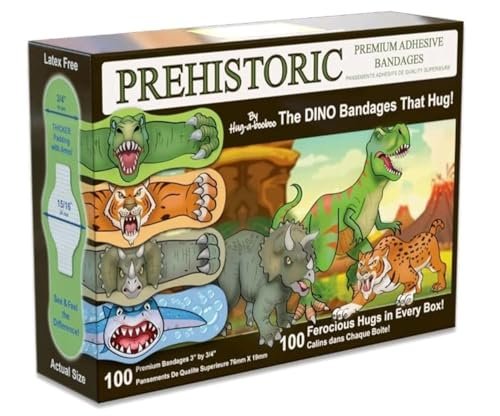 Prähistorische Dino-Pflaster – Die erstaunlichen Erste-Hilfe-Dinosaurier, die umarmen! T-Rex, Triceratops, Säbelzahntiger und prähistorischer Hai – lustige selbstklebende Cartoon-Pflaster. 100er-Box