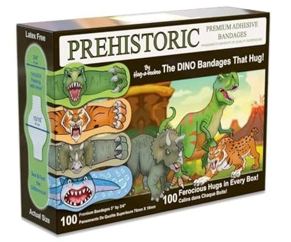 Prähistorische Dino-Pflaster – Die erstaunlichen Erste-Hilfe-Dinosaurier, die umarmen! T-Rex, Triceratops, Säbelzahntiger und prähistorischer Hai – lustige selbstklebende Cartoon-Pflaster. 100er-Box