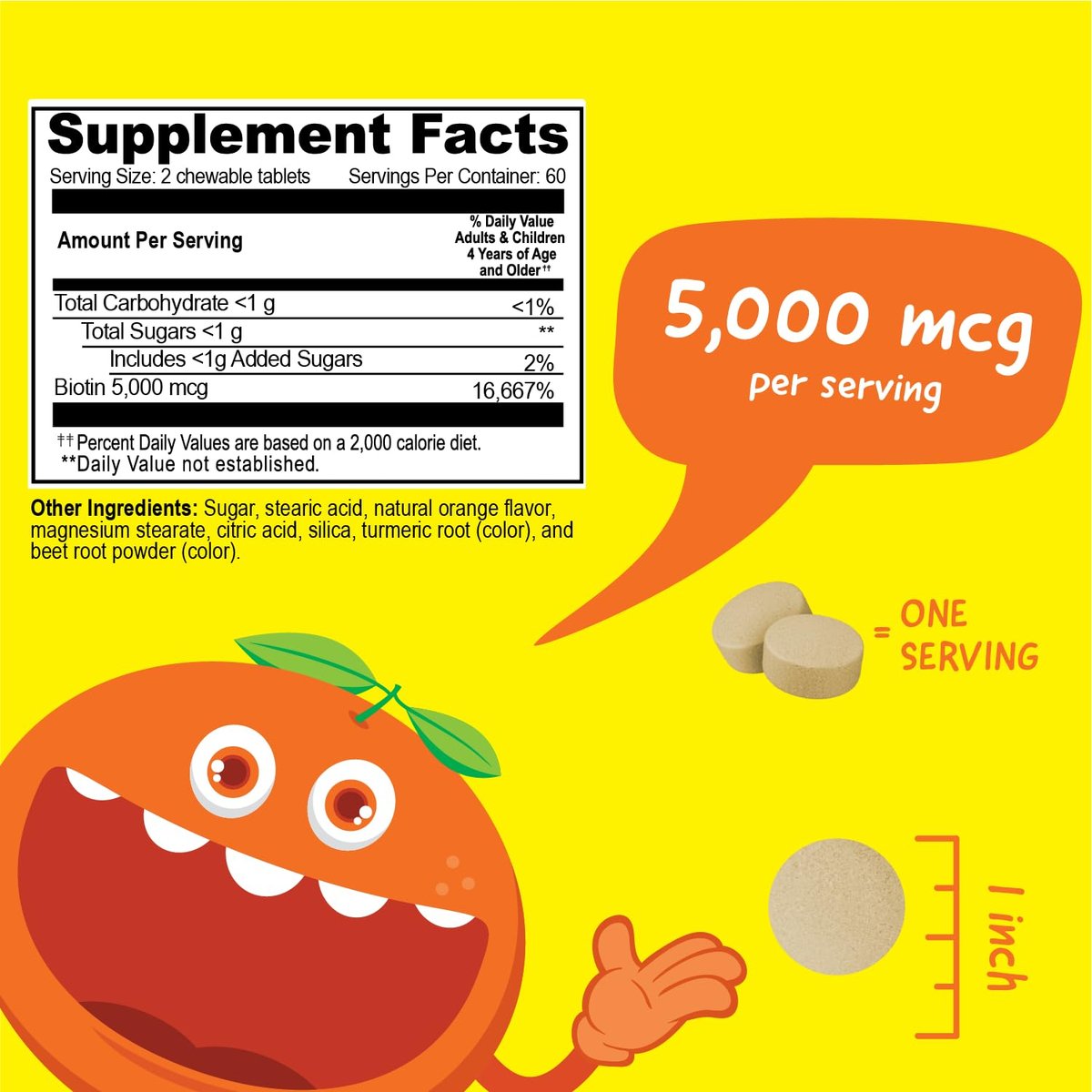 VitaWorks Kids Biotin 5000 mcg Lutschtabletten | Leckeres Biotin-Präparat für Kinder | Vegan, Ohne Gentechnik | Für Haarwachstum, Haut und Nägel | 120 Lutschtabletten