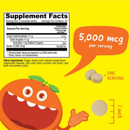 VitaWorks Kids Biotin 5000 mcg Lutschtabletten | Leckeres Biotin-Präparat für Kinder | Vegan, Ohne Gentechnik | Für Haarwachstum, Haut und Nägel | 120 Lutschtabletten