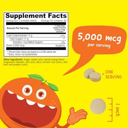 VitaWorks Kids Biotin 5000 mcg Lutschtabletten | Leckeres Biotin-Präparat für Kinder | Vegan, Ohne Gentechnik | Für Haarwachstum, Haut und Nägel | 120 Lutschtabletten