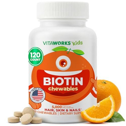 VitaWorks Kids Biotin 5000 mcg Lutschtabletten | Leckeres Biotin-Präparat für Kinder | Vegan, Ohne Gentechnik | Für Haarwachstum, Haut und Nägel | 120 Lutschtabletten
