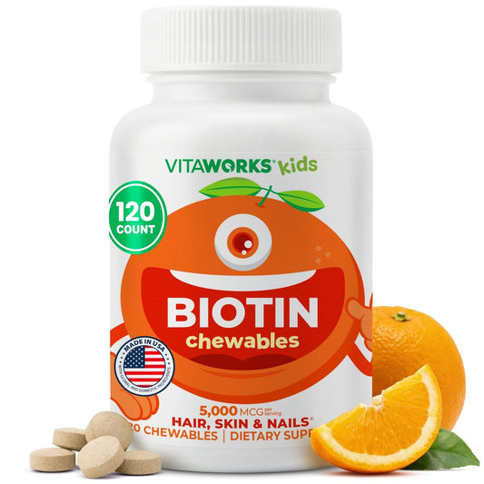 VitaWorks Kids Biotin 5000 mcg Lutschtabletten | Leckeres Biotin-Präparat für Kinder | Vegan, Ohne Gentechnik | Für Haarwachstum, Haut und Nägel | 120 Lutschtabletten