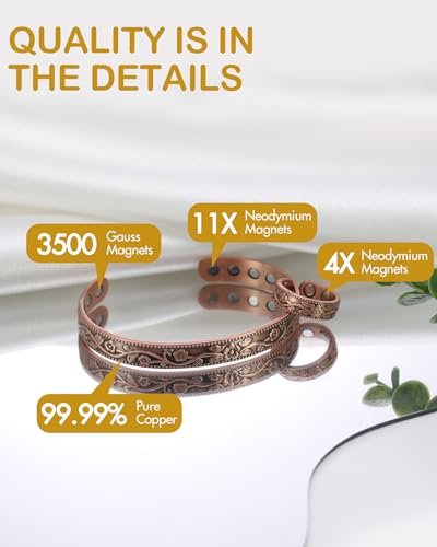 Feraco Kupferarmband & Lymphdrainage-Ringe für Damen, Vintage Blumen-Magnet-Cuff-Bangle, 99,99% reines Kupfer mit Neodym-Magneten, verstellbar, mit Geschenkbox