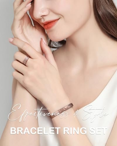 Feraco Kupferarmband & Lymphdrainage-Ringe für Damen, Vintage Blumen-Magnet-Cuff-Bangle, 99,99% reines Kupfer mit Neodym-Magneten, verstellbar, mit Geschenkbox