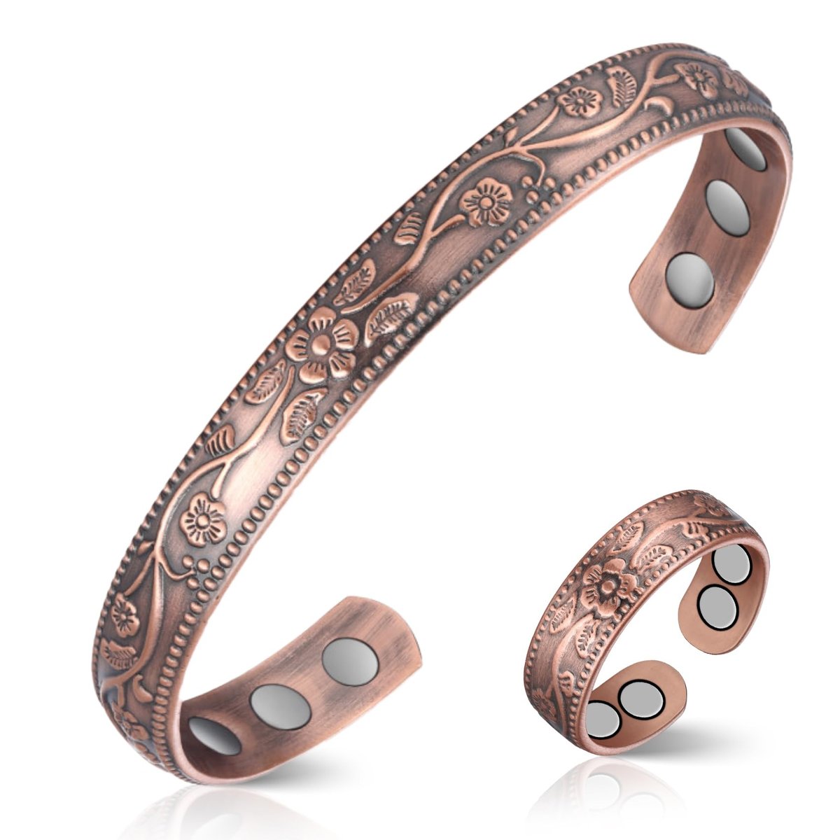 Feraco Kupferarmband & Lymphdrainage-Ringe für Damen, Vintage Blumen-Magnet-Cuff-Bangle, 99,99% reines Kupfer mit Neodym-Magneten, verstellbar, mit Geschenkbox
