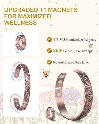 Feraco Kupferarmband & Lymphdrainage-Ringe für Damen, Vintage Blumen-Magnet-Cuff-Bangle, 99,99% reines Kupfer mit Neodym-Magneten, verstellbar, mit Geschenkbox