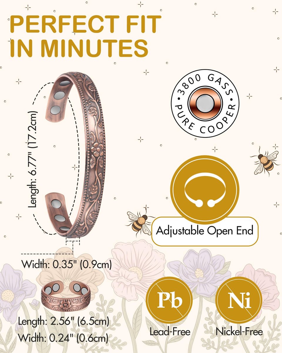 Feraco Kupferarmband & Lymphdrainage-Ringe für Damen, Vintage Blumen-Magnet-Cuff-Bangle, 99,99% reines Kupfer mit Neodym-Magneten, verstellbar, mit Geschenkbox