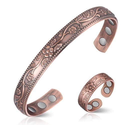 Feraco Kupferarmband & Lymphdrainage-Ringe für Damen, Vintage Blumen-Magnet-Cuff-Bangle, 99,99% reines Kupfer mit Neodym-Magneten, verstellbar, mit Geschenkbox