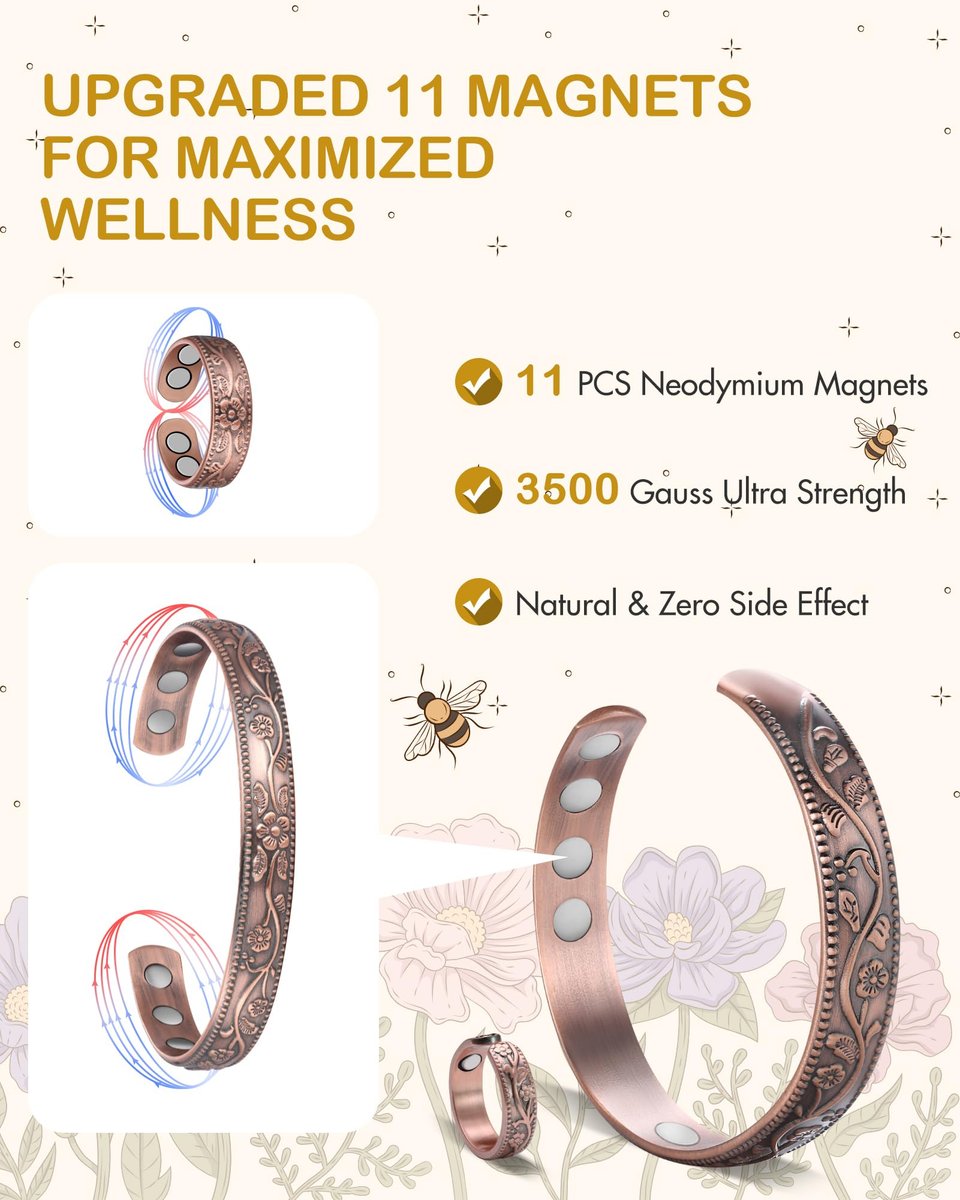 Feraco Kupferarmband & Lymphdrainage-Ringe für Damen, Vintage Blumen-Magnet-Cuff-Bangle, 99,99% reines Kupfer mit Neodym-Magneten, verstellbar, mit Geschenkbox