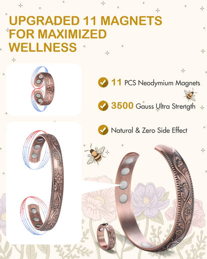 Feraco Kupferarmband & Lymphdrainage-Ringe für Damen, Vintage Blumen-Magnet-Cuff-Bangle, 99,99% reines Kupfer mit Neodym-Magneten, verstellbar, mit Geschenkbox