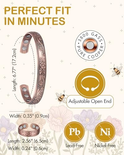 Feraco Kupferarmband & Lymphdrainage-Ringe für Damen, Vintage Blumen-Magnet-Cuff-Bangle, 99,99% reines Kupfer mit Neodym-Magneten, verstellbar, mit Geschenkbox