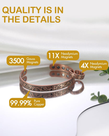 Feraco Kupferarmband & Lymphdrainage-Ringe für Damen, Vintage Blumen-Magnet-Cuff-Bangle, 99,99% reines Kupfer mit Neodym-Magneten, verstellbar, mit Geschenkbox