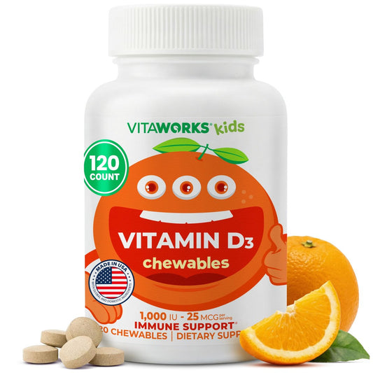 VitaWorks Vitamin D 1000 IE für Kinder – Kautabletten mit natürlichem Orangen-Geschmack – Vegan, GMO-frei, glutenfrei, nussfrei – Nahrungsergänzungsmittel für das Immunsystem – 120 Kautabletten
