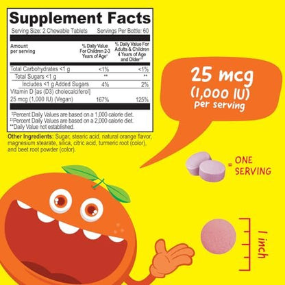 VitaWorks Vitamin D 1000 IE für Kinder – Kautabletten mit natürlichem Orangen-Geschmack – Vegan, GMO-frei, glutenfrei, nussfrei – Nahrungsergänzungsmittel für das Immunsystem – 120 Kautabletten