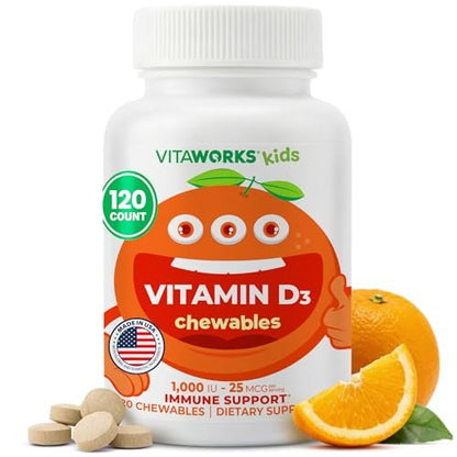 VitaWorks Vitamin D 1000 IE für Kinder – Kautabletten mit natürlichem Orangen-Geschmack – Vegan, GMO-frei, glutenfrei, nussfrei – Nahrungsergänzungsmittel für das Immunsystem – 120 Kautabletten