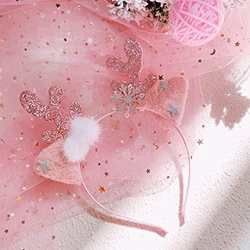 DIUEWOW Rentiergeweih Stirnband – Glitzerndes Rosa Rentier Stirnband mit Schneeflocken, Weihnachts Hirsch Ohren Kopfband für Frauen und Mädchen