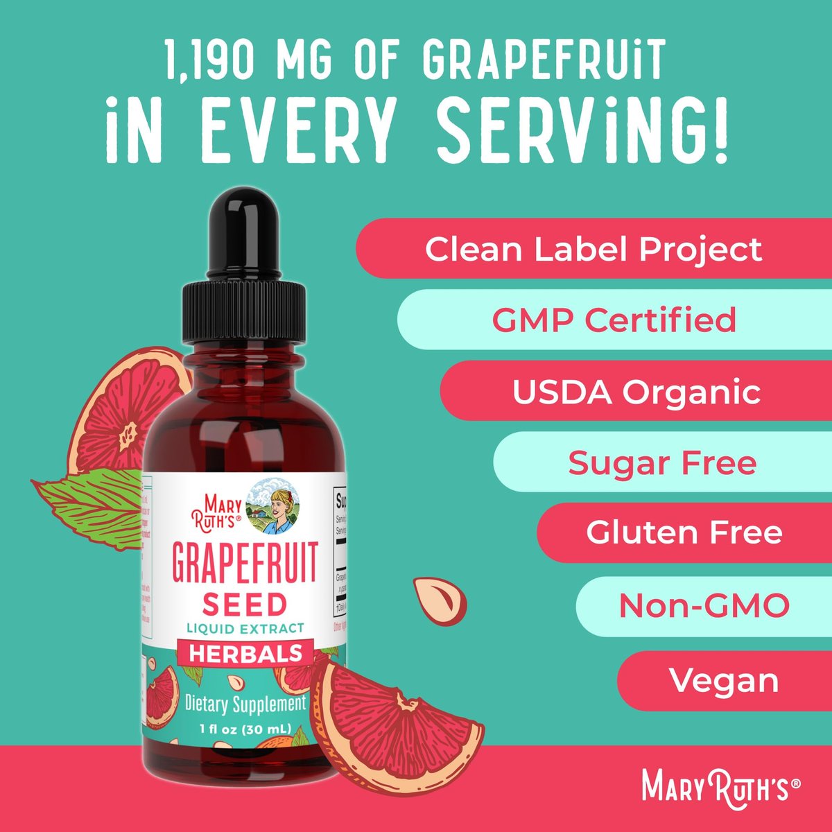 MARYRUTH'S Organics Grapefruitkern-Extrakt Tropfen | Schale & Kern | Kräutertinktur Flüssig | Zuckerfrei | Vegan | Non-GMO | Glutenfrei | Ungesüßt | 30 Portionen | 1 Fl Oz