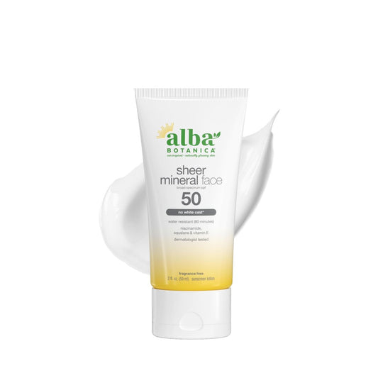 Alba Botanica Gesichtssonnencreme, Duftfreie mineralische Sonnenlotion, Breitband-SPF 50, Wasserbeständig und biologisch abbaubar, 59 ml Flasche (Verpackung kann variieren)