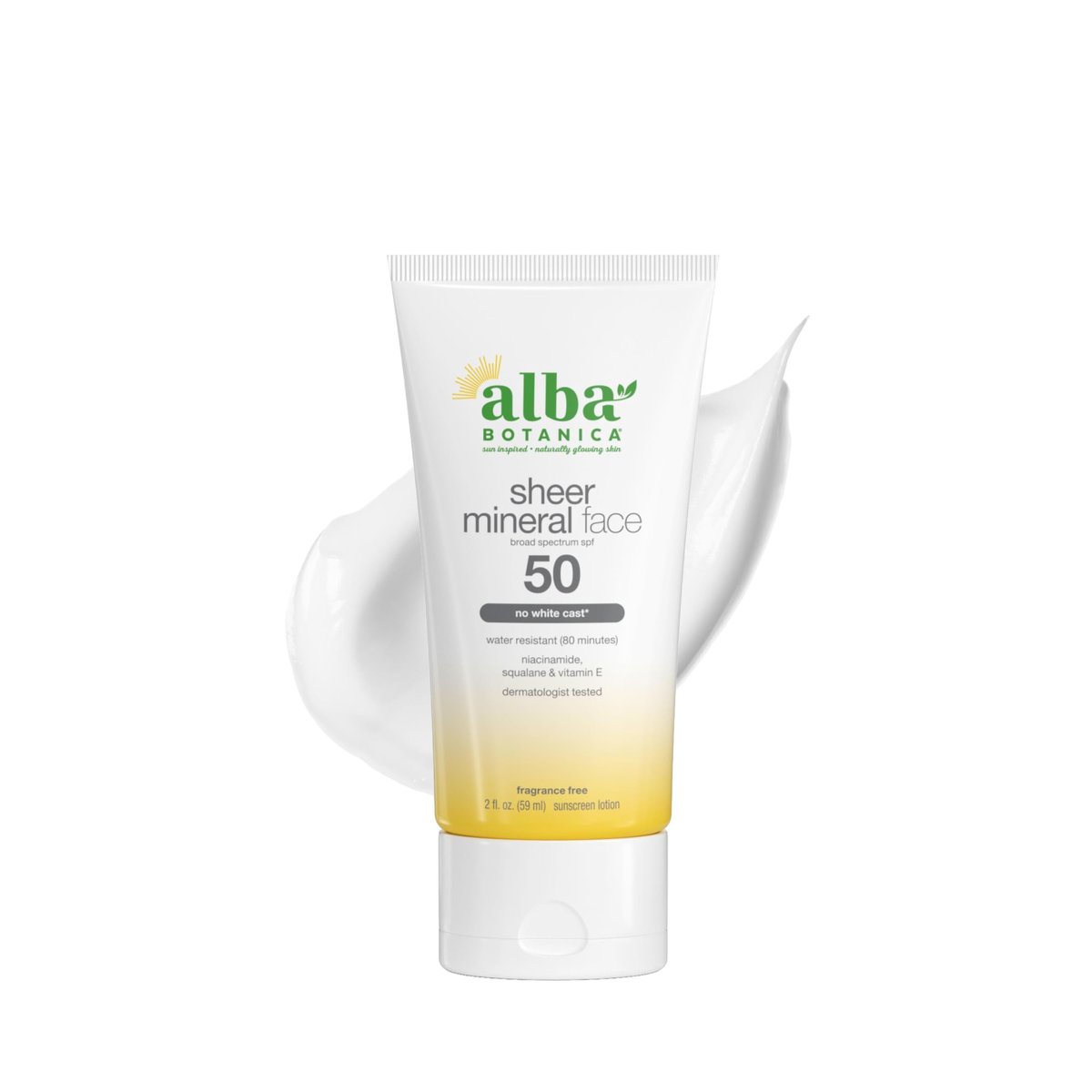 Alba Botanica Gesichtssonnencreme, Duftfreie mineralische Sonnenlotion, Breitband-SPF 50, Wasserbeständig und biologisch abbaubar, 59 ml Flasche (Verpackung kann variieren)