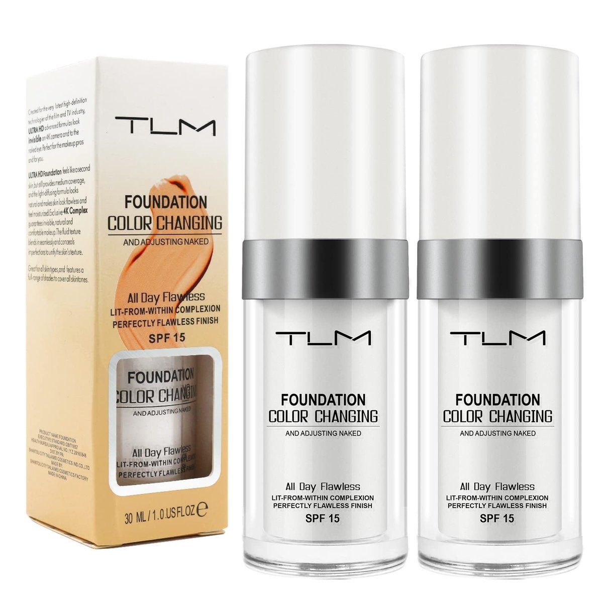 YEUGSCKA Farbwechselnde Foundation, 2er-Pack, Flüssig, Feuchtigkeitsspendend, Sonnenschutz, 30 ml