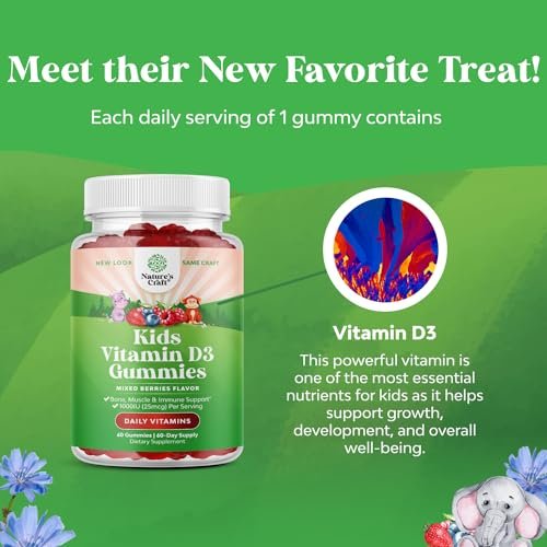 Vitamin-D-Gummis für Kinder – Leckere Vitamin-D-Gummis mit 1000 IE pro Portion – Immunsystem-Unterstützung für Kleinkinder – Beeren-Geschmack – Für Knochen und Muskeln – Gelatinefrei – 60 Stück