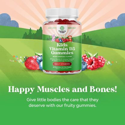 Vitamin-D-Gummis für Kinder – Leckere Vitamin-D-Gummis mit 1000 IE pro Portion – Immunsystem-Unterstützung für Kleinkinder – Beeren-Geschmack – Für Knochen und Muskeln – Gelatinefrei – 60 Stück