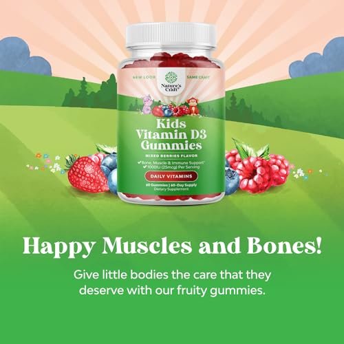 Vitamin-D-Gummis für Kinder – Leckere Vitamin-D-Gummis mit 1000 IE pro Portion – Immunsystem-Unterstützung für Kleinkinder – Beeren-Geschmack – Für Knochen und Muskeln – Gelatinefrei – 60 Stück