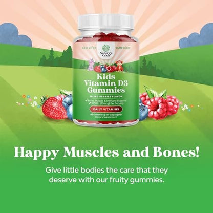 Vitamin-D-Gummis für Kinder – Leckere Vitamin-D-Gummis mit 1000 IE pro Portion – Immunsystem-Unterstützung für Kleinkinder – Beeren-Geschmack – Für Knochen und Muskeln – Gelatinefrei – 60 Stück
