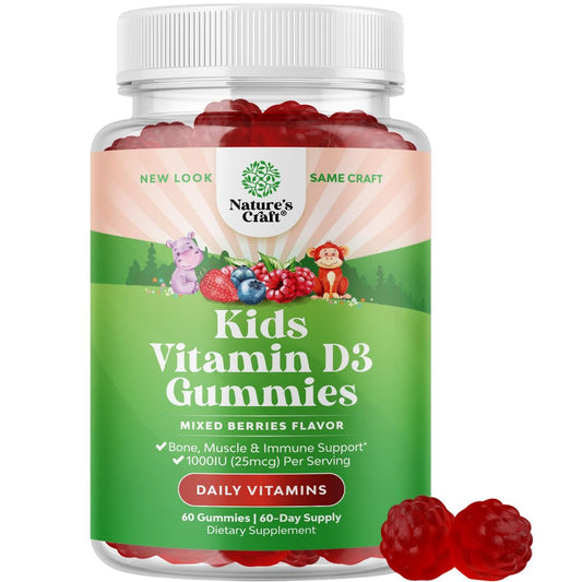 Vitamin-D-Gummis für Kinder – Leckere Vitamin-D-Gummis mit 1000 IE pro Portion – Immunsystem-Unterstützung für Kleinkinder – Beeren-Geschmack – Für Knochen und Muskeln – Gelatinefrei – 60 Stück