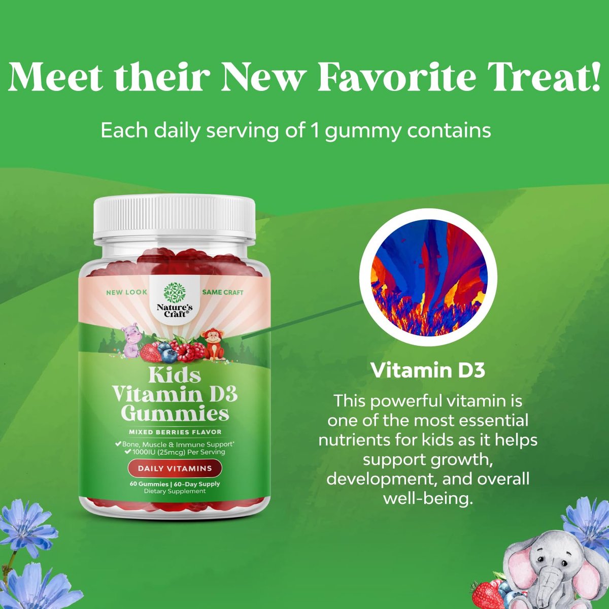 Vitamin-D-Gummis für Kinder – Leckere Vitamin-D-Gummis mit 1000 IE pro Portion – Immunsystem-Unterstützung für Kleinkinder – Beeren-Geschmack – Für Knochen und Muskeln – Gelatinefrei – 60 Stück