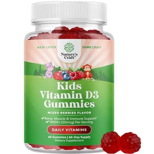 Vitamin-D-Gummis für Kinder – Leckere Vitamin-D-Gummis mit 1000 IE pro Portion – Immunsystem-Unterstützung für Kleinkinder – Beeren-Geschmack – Für Knochen und Muskeln – Gelatinefrei – 60 Stück