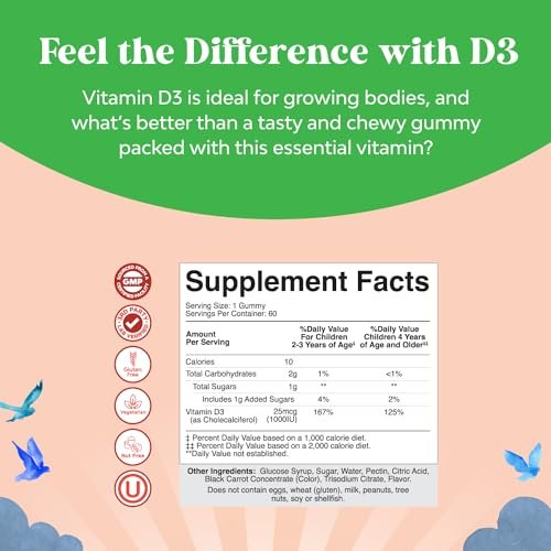 Vitamin-D-Gummis für Kinder – Leckere Vitamin-D-Gummis mit 1000 IE pro Portion – Immunsystem-Unterstützung für Kleinkinder – Beeren-Geschmack – Für Knochen und Muskeln – Gelatinefrei – 60 Stück