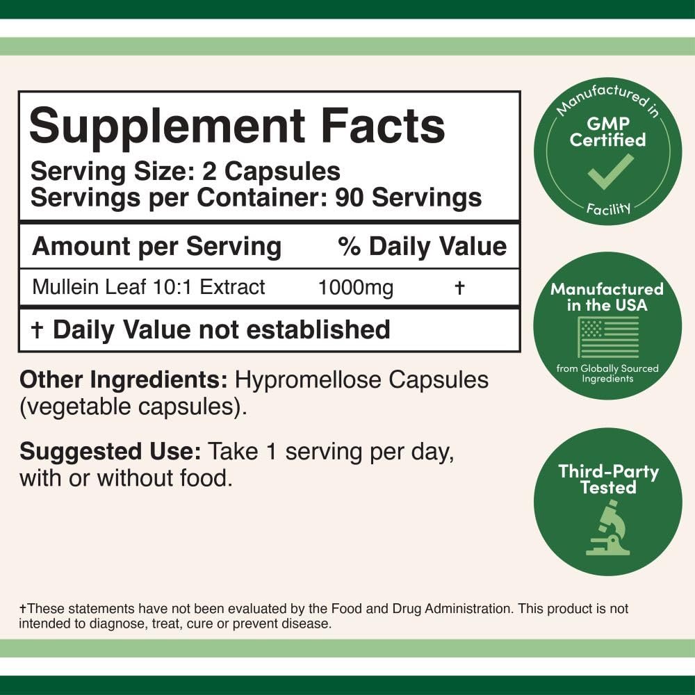 Double Wood Supplements Mulleinblatt Kapseln, 180 vegane Kapseln ohne Füllstoffe, Unterstützt Lungen- und Atemwegsgesundheit