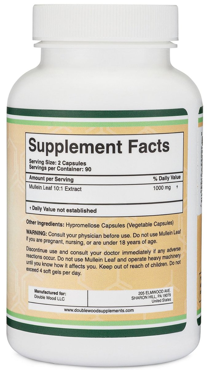 Double Wood Supplements Mulleinblatt Kapseln, 180 vegane Kapseln ohne Füllstoffe, Unterstützt Lungen- und Atemwegsgesundheit