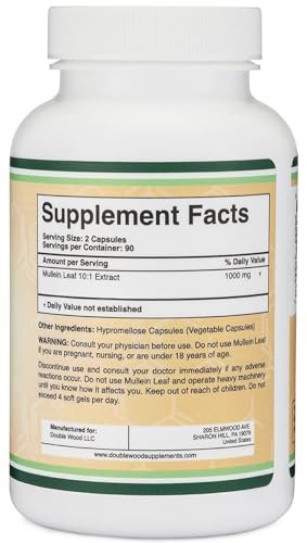 Double Wood Supplements Mulleinblatt Kapseln, 180 vegane Kapseln ohne Füllstoffe, Unterstützt Lungen- und Atemwegsgesundheit