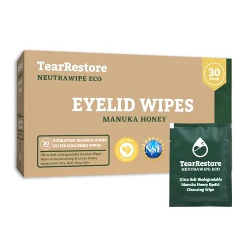 TearRestore NeutraWipe Eco Manuka Honig Augenlid-Reinigungstücher | Ultraweiche biologisch abbaubare Wimpernreiniger für Blepharitis & trockene, juckende, geschwollene, gereizte Augen (30 Stück)